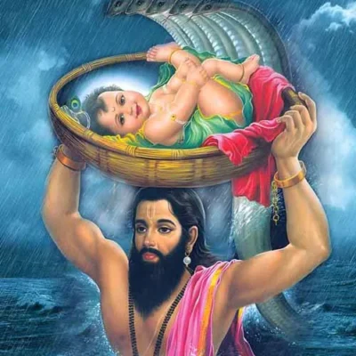 Vasudeva crosses Yamuna river