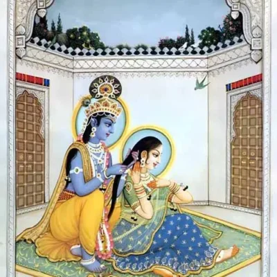 Krishna combing Radha's hair