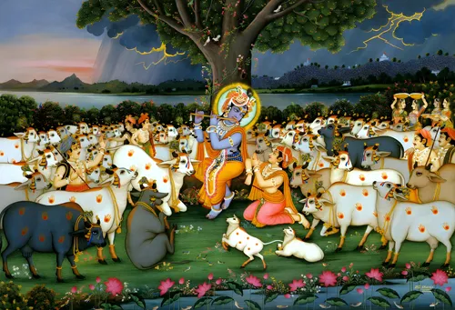 Lord Krishna with Flute and Cows